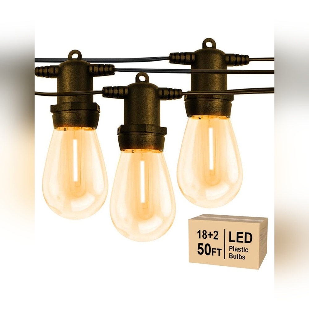 50FT S14 LED Outdoor String Lights 18 Shatterproof Plastic Bulbs (2 Spare)